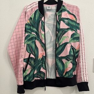 Adidas Size Large Pink Palm windowpane print zip up jacket silky